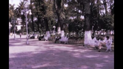 Mexico 1970s, Street with benches between trees in a park