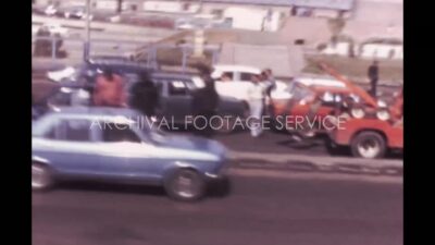 Egypt 1970s, Street view with cars and buses with passengers